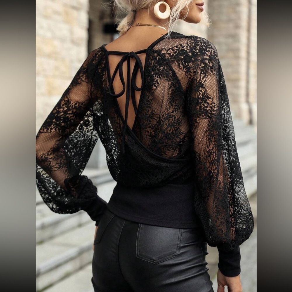 Elegant Black Lace Wrap Tie Bishop Long Sleeve Top